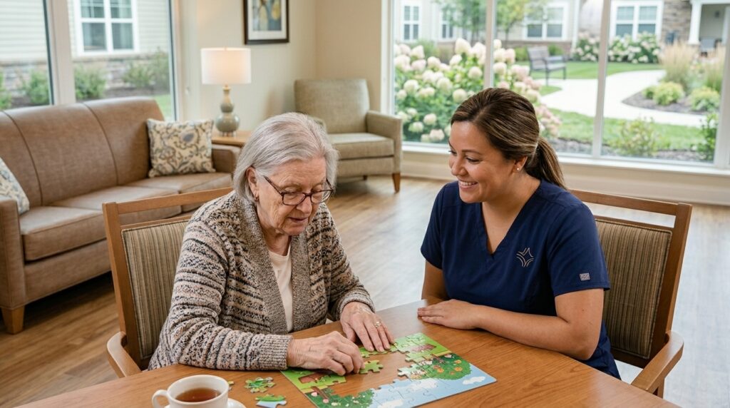 A caregiver helping a senior with a puzzle in senior living.