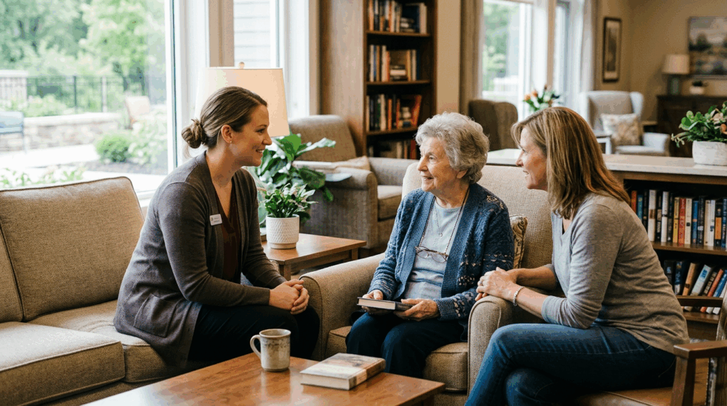 A caregiver having a chat with a senior and a family member in respite care