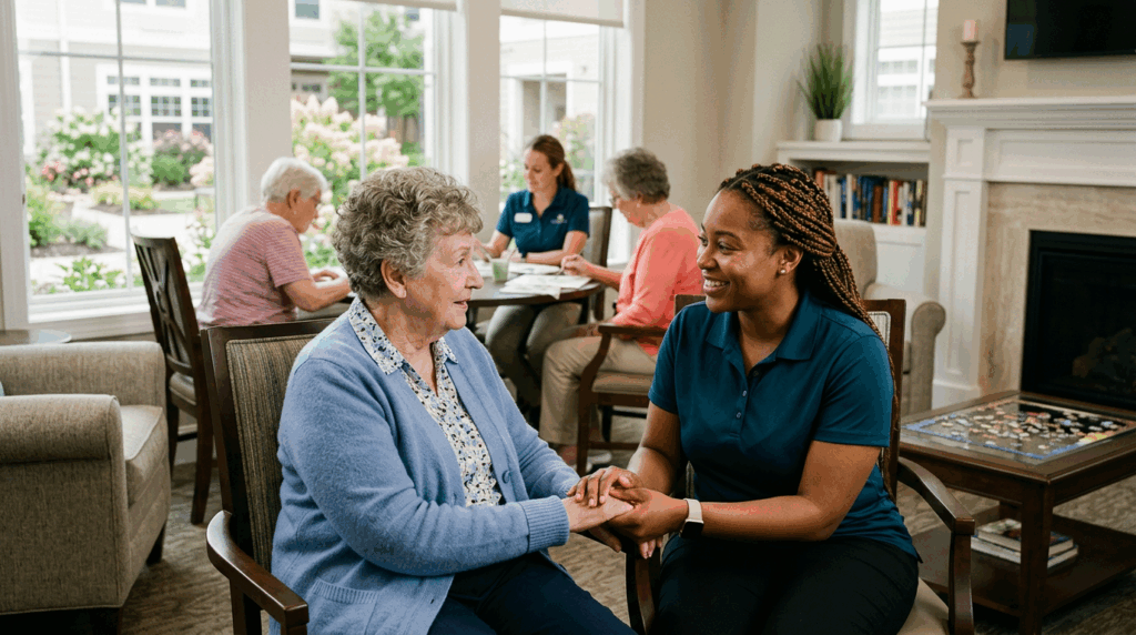A supportive caregiver smiling and holding hands with an older resident in a well-lit communal area during a respite care stay.