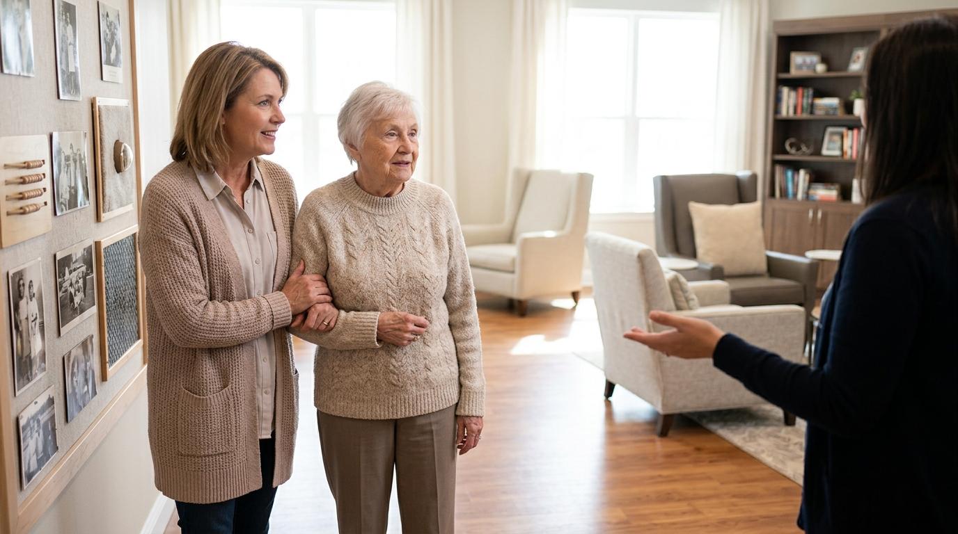 A senior and a family member tour a senior living community and ask questions during a guided walkthrough.