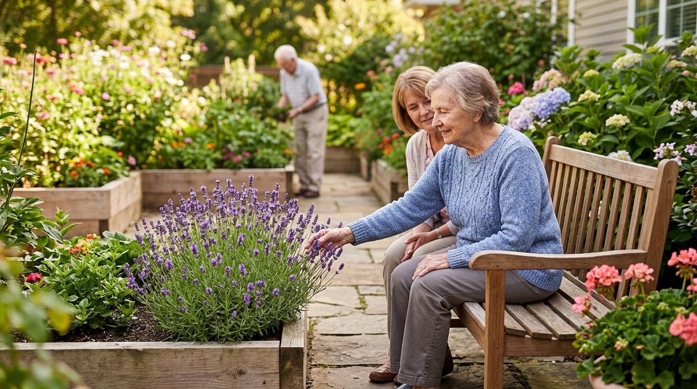 A senior sits outside on a bench with a family member in a memory care community.