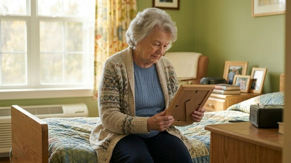 A senior looks at a picture of their family while staying in respite care.