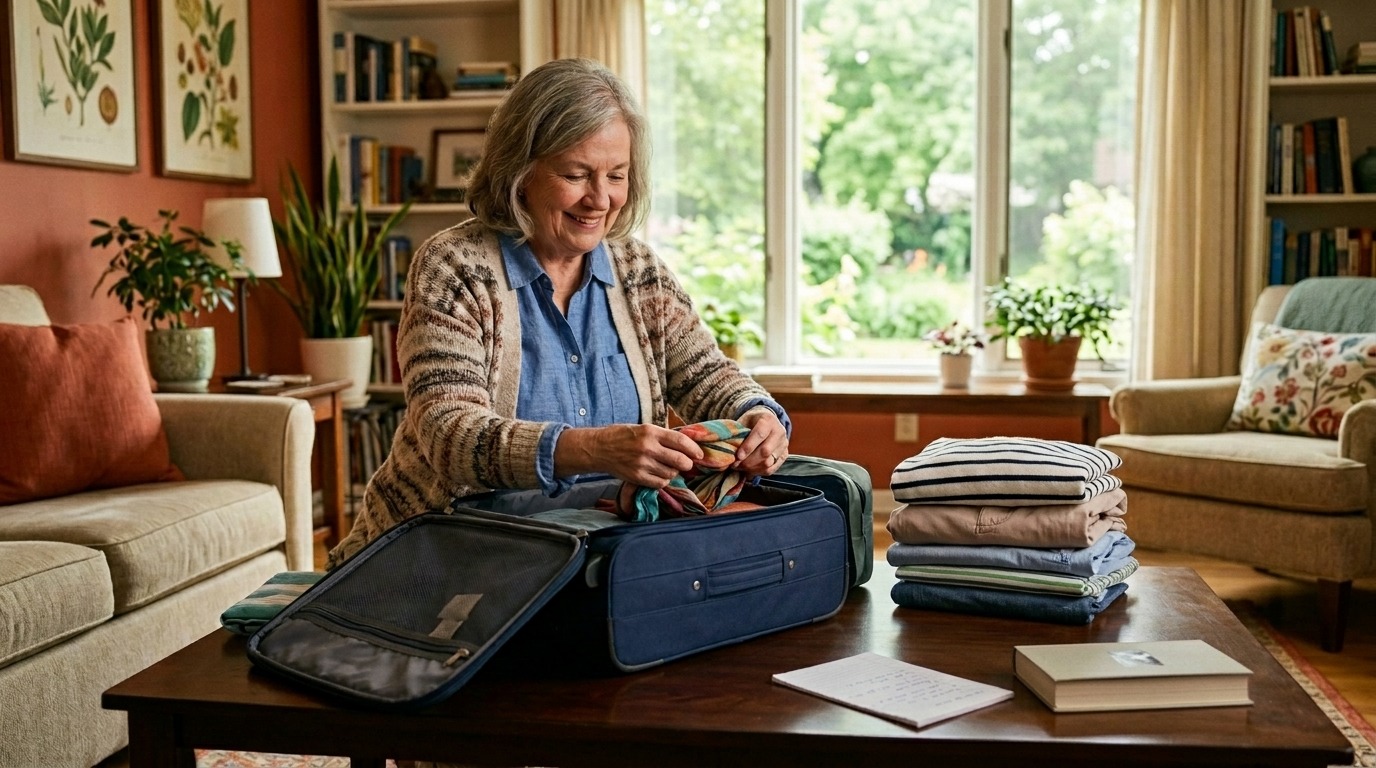 A senior packs a bag with personal items for a respite care stay in a senior living community.