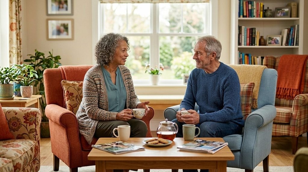 Two older adults sit in chairs and chat over tea and cookies in a bright room.