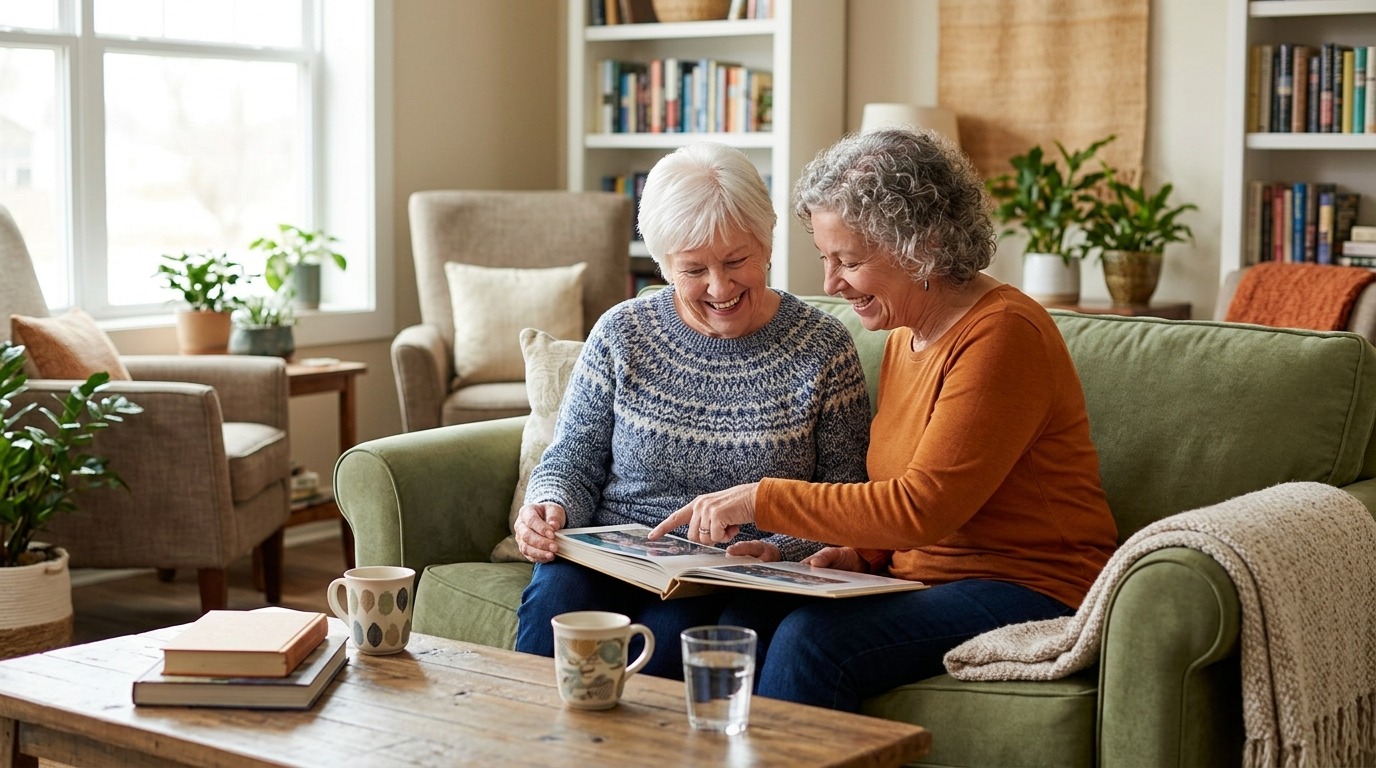 Smiling older adults sit on a couch and look at a photo album in a sunlit room.