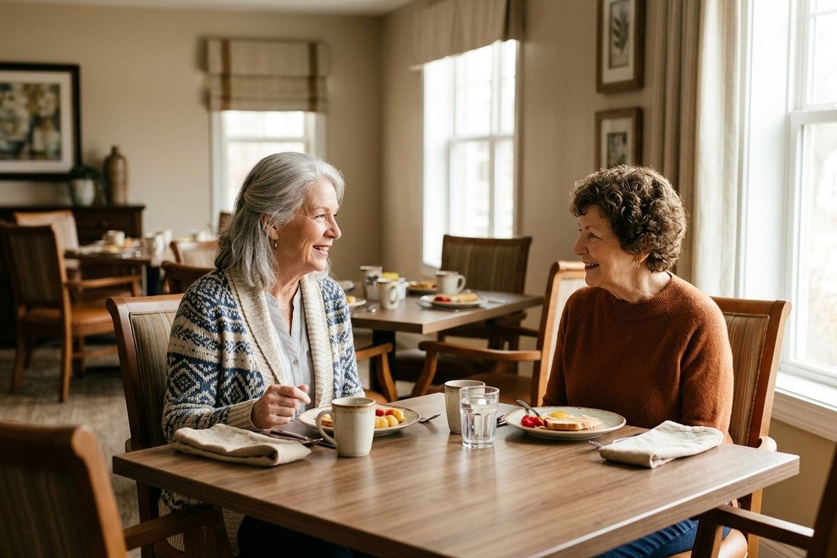 Two seniors sit smiling at a wooden dining table with plates of food, mugs, and water glasses in a sunlit communal dining room.