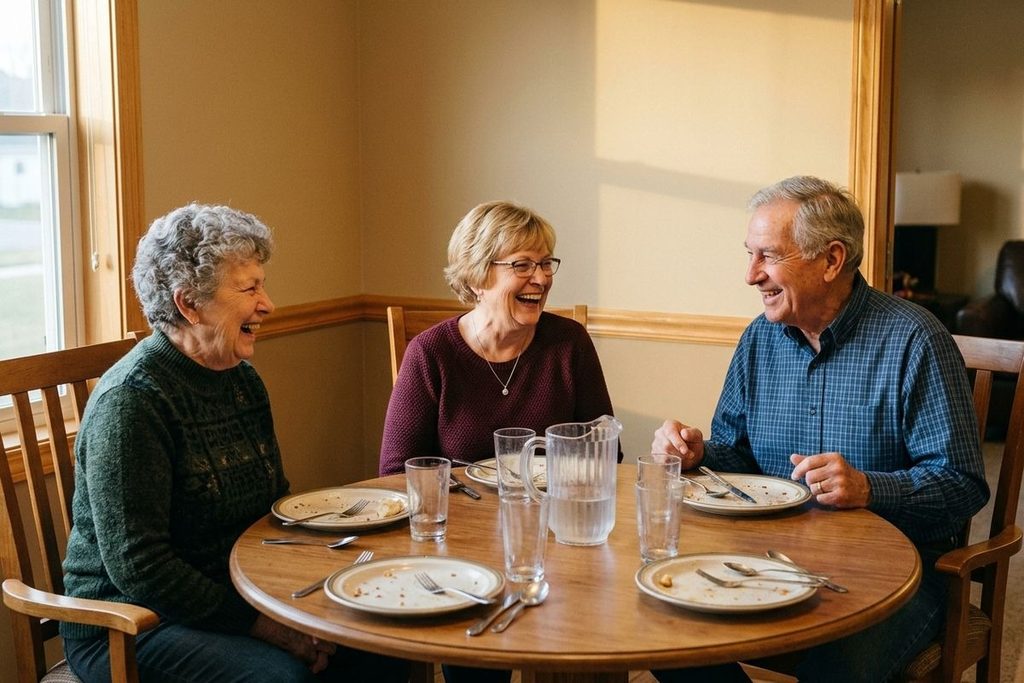 Three seniors sit laughing around a round wooden table with empty plates, glasses, and a water pitcher after a meal.